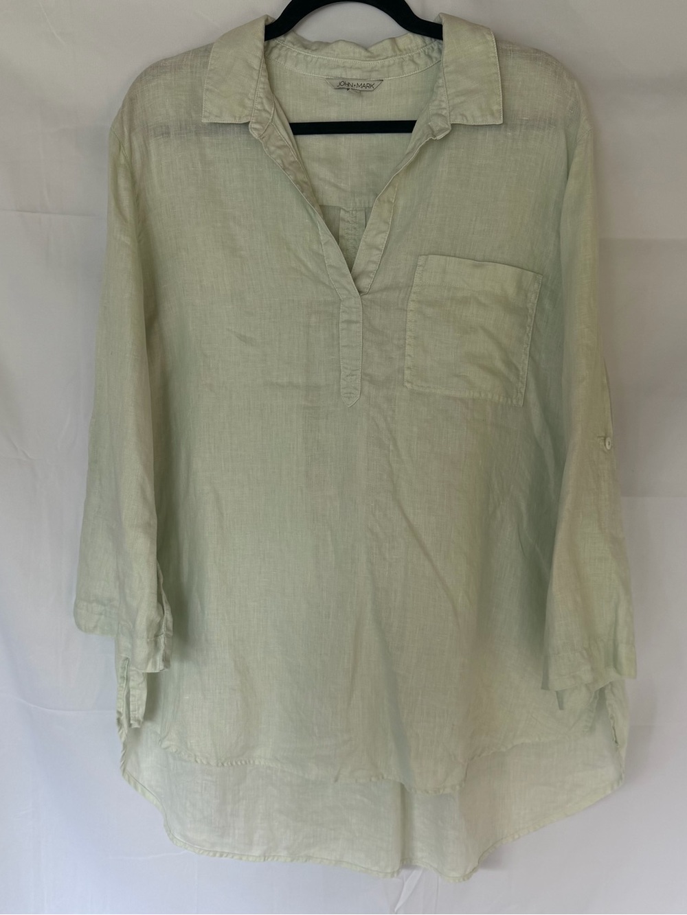 John Mark 100% Linen Lagenlook Tunic Top Large Boho 3/4 Roll Tab Sleeve Green